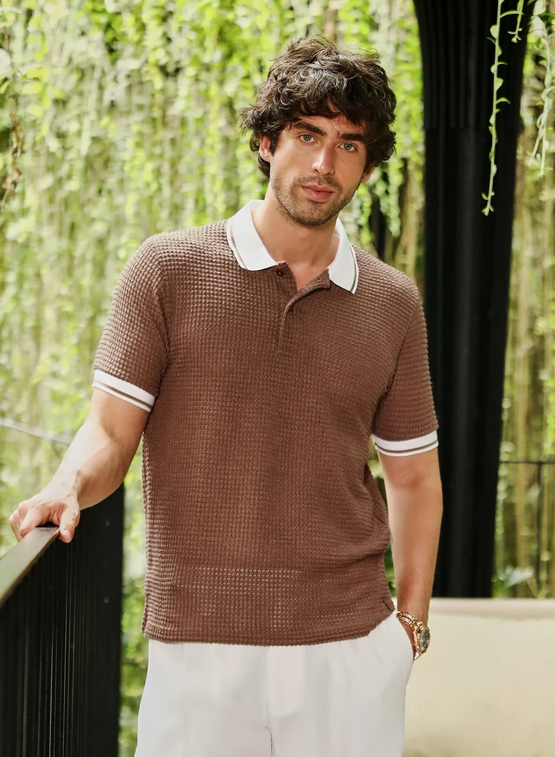 Campus Sutra Men's Mousse Brown Contrast-Knit Polo T-Shirt