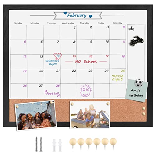 TORASO Dry Erase Calendar Whiteboard for Wall, Combination Magnetic Dry Erase White Board & Bulletin Board, 17.7" x 21.6" Black Wood Framed Calendar/Cork Combo Board(BK-4555) - Image 1