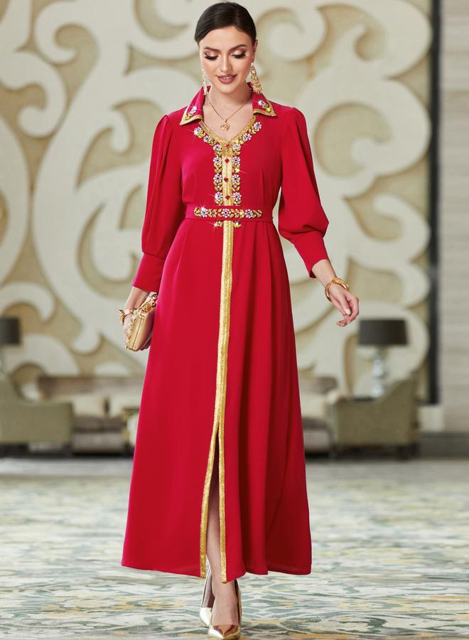 Take Two Women Red Embellished Open Collar Golden Trim Jalabiya - Image 1