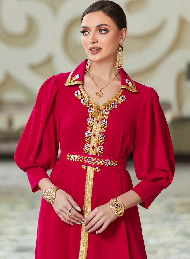 Take Two Women Red Embellished Open Collar Golden Trim Jalabiya - Image 4