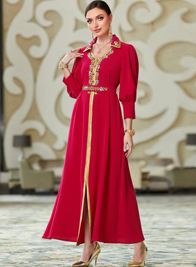 Take Two Women Red Embellished Open Collar Golden Trim Jalabiya - Image 5