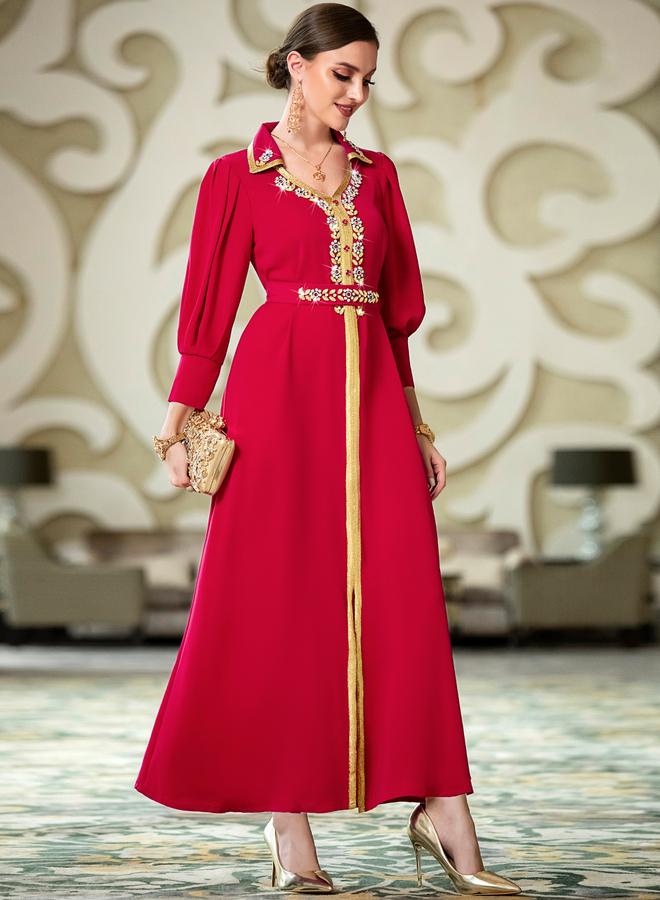 Take Two Women Red Embellished Open Collar Golden Trim Jalabiya - Image 2