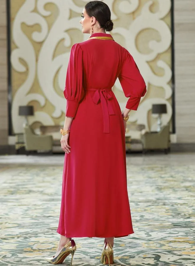 Take Two  Women Red Embellished Open Collar Golden Trim Jalabiya for Women | Best Price UAE