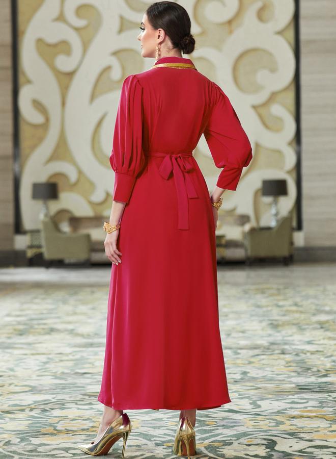 Take Two Women Red Embellished Open Collar Golden Trim Jalabiya - Image 3