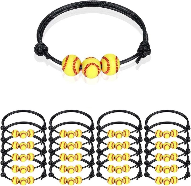Luckam Softball Charm Bracelets 20 Pcs, Yellow Softball Beads, Adjustable Inspirational Sport Ball Wristbands, Teens Adults Sport Birthday Party Gift, Softball Favors for Team - Image 1