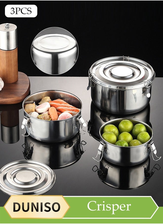 DUNISO 3-Piece Stainless Steel Round Storage Box With Lid, Refrigerator Refrigeration Container, Packaging Box, Sealed Lunch Box, Suitable For Travel, Work, Home Kitchen, Fruit, Lunch, Dried Fruit Packaging, Frozen Storage, Etc.  - Image 1