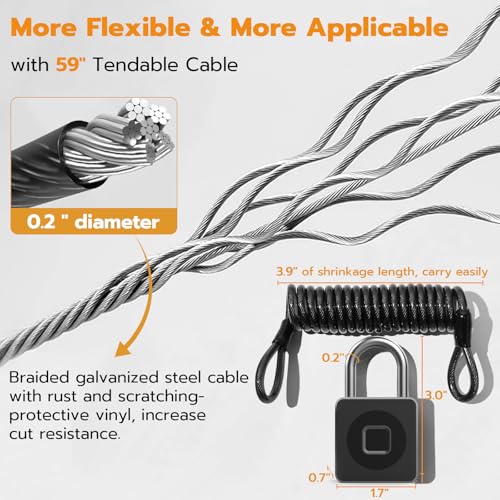 Pothunder Fingerprint Lock With APP, Steel Cable Keyless Biometric Padlock, Smart Waterproof for Gym, Locker, Helmet, Gate, Fence, Luggage - Image 4