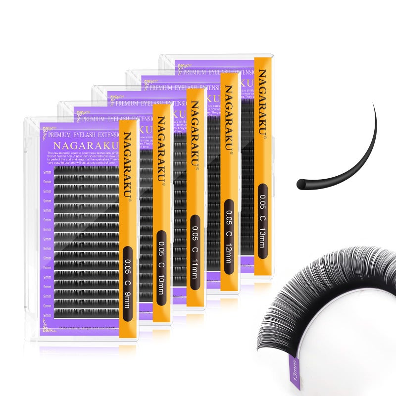 NAGARAKU 5 Trays Eyelash Extensions Individual Lashes 005mm C curl 910111213mm in 1 pack Classic Soft Natural Professional Faux Mink 16 rows