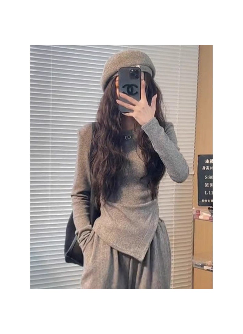 Generic 2024 Spring Autumn Fashion Suit High Waist Slim Irregular Long Sleeve T-shirt + Wide Leg Pants Set Grey Undershirt  - Image 2