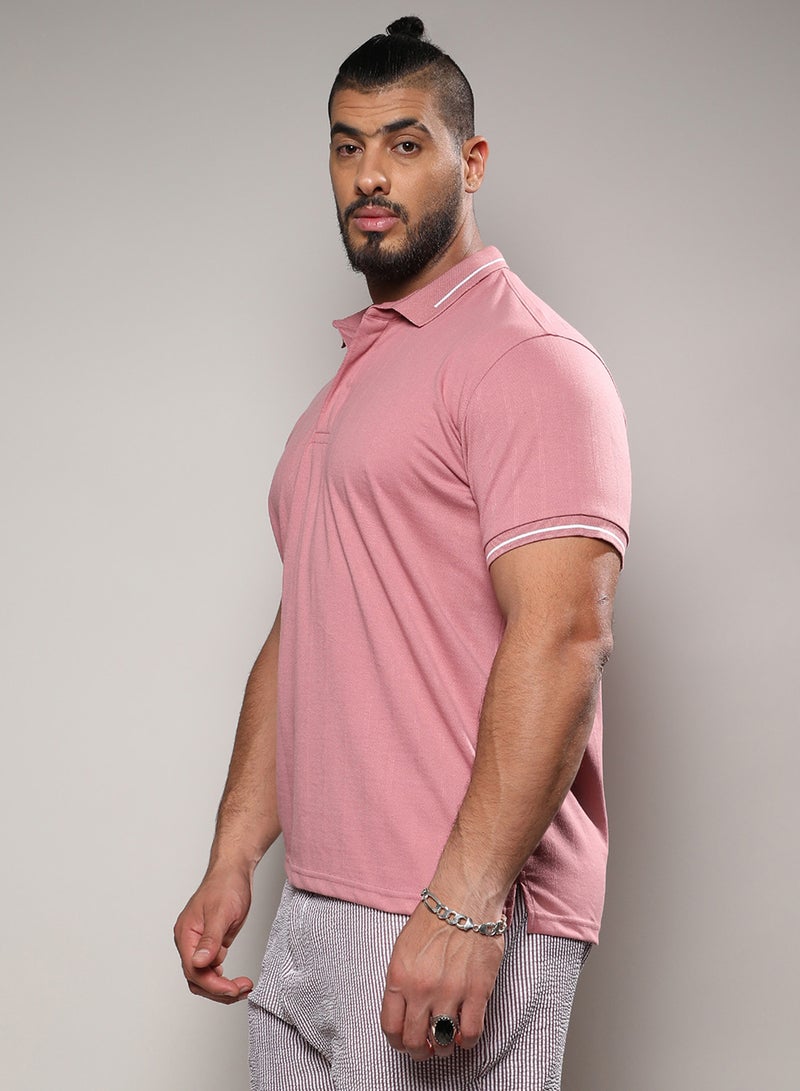 Instafab Plus Instafab Plus Men's Coral Pink Self-Design Halo Striped T-Shirt For Casual Wear | Spread Collar | Short Sleeve | Half-Button Closure | Polycotton T-Shirt Crafted With Comfort Fit For Everyday Wear - Image 3
