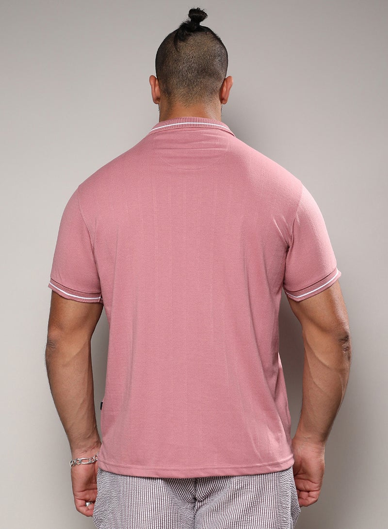 Instafab Plus Instafab Plus Men's Coral Pink Self-Design Halo Striped T-Shirt For Casual Wear | Spread Collar | Short Sleeve | Half-Button Closure | Polycotton T-Shirt Crafted With Comfort Fit For Everyday Wear - Image 5