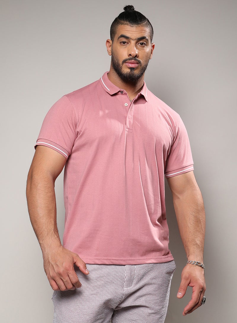 Instafab Plus Instafab Plus Men's Coral Pink Self-Design Halo Striped T-Shirt For Casual Wear | Spread Collar | Short Sleeve | Half-Button Closure | Polycotton T-Shirt Crafted With Comfort Fit For Everyday Wear - Image 2