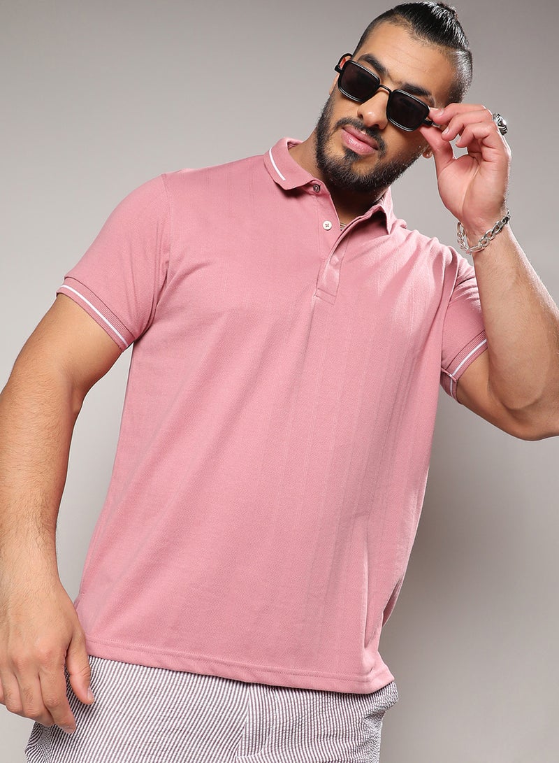 Instafab Plus Instafab Plus Men's Coral Pink Self-Design Halo Striped T-Shirt For Casual Wear | Spread Collar | Short Sleeve | Half-Button Closure | Polycotton T-Shirt Crafted With Comfort Fit For Everyday Wear - Image 1