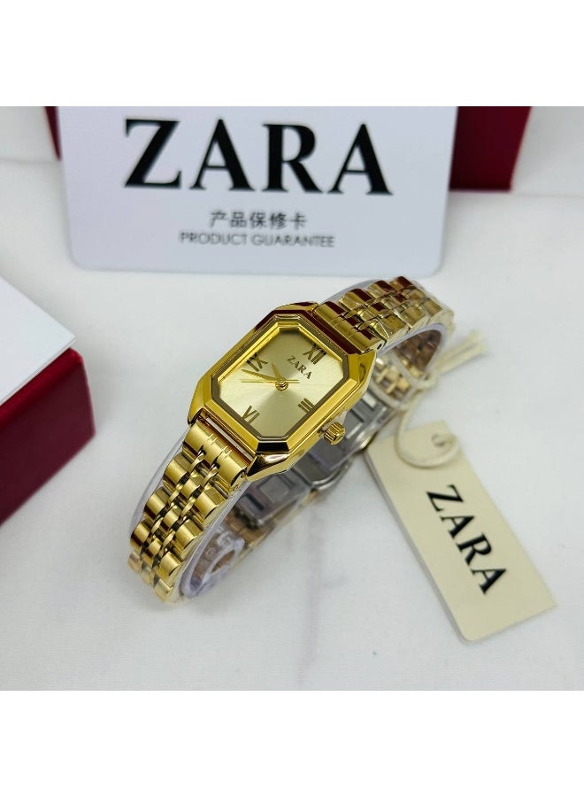 ZARA Luxury Women's All-Gold Octagonal Watch | Gold Dial with Roman Numerals | Stainless Steel Bracelet