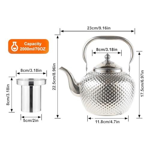SANQIAHOME 2000ml teapot with Infuser stainless steel Water Boilers lifting handle Tea Maker Water Kettle for Induction/Gas silver - Image 3