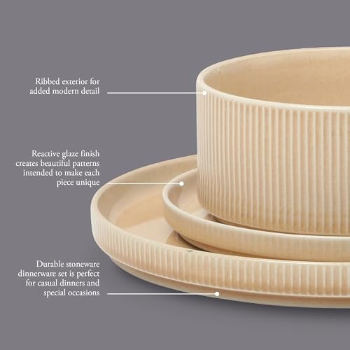 Gibson Elite Solana Coast 12 Piece Stoneware Reactive Glaze (Service for 4) Ceramic Plates and Bowls Modern Shape Embossed Dinnerware Set - Terracotta Orange - Image 3