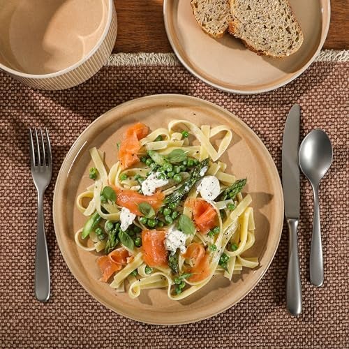 Gibson Elite Solana Coast 12 Piece Stoneware Reactive Glaze (Service for 4) Ceramic Plates and Bowls Modern Shape Embossed Dinnerware Set - Terracotta Orange - Image 4