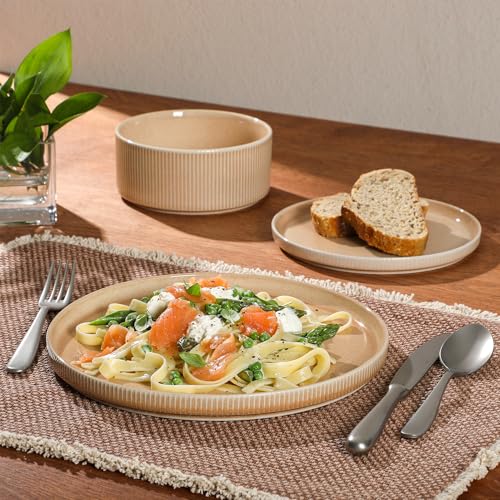 Gibson Elite Solana Coast 12 Piece Stoneware Reactive Glaze (Service for 4) Ceramic Plates and Bowls Modern Shape Embossed Dinnerware Set - Terracotta Orange - Image 5