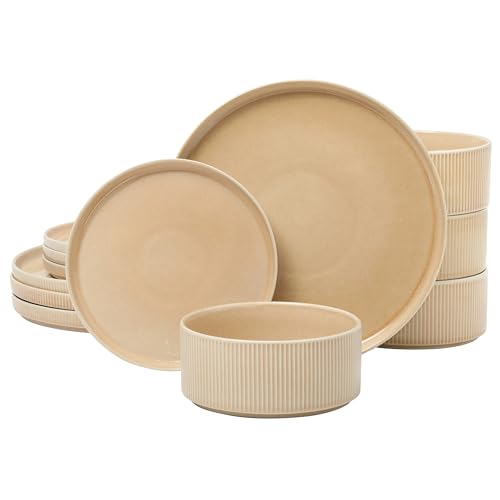 Gibson Elite Solana Coast 12 Piece Stoneware Reactive Glaze (Service for 4) Ceramic Plates and Bowls Modern Shape Embossed Dinnerware Set - Terracotta Orange - Image 1