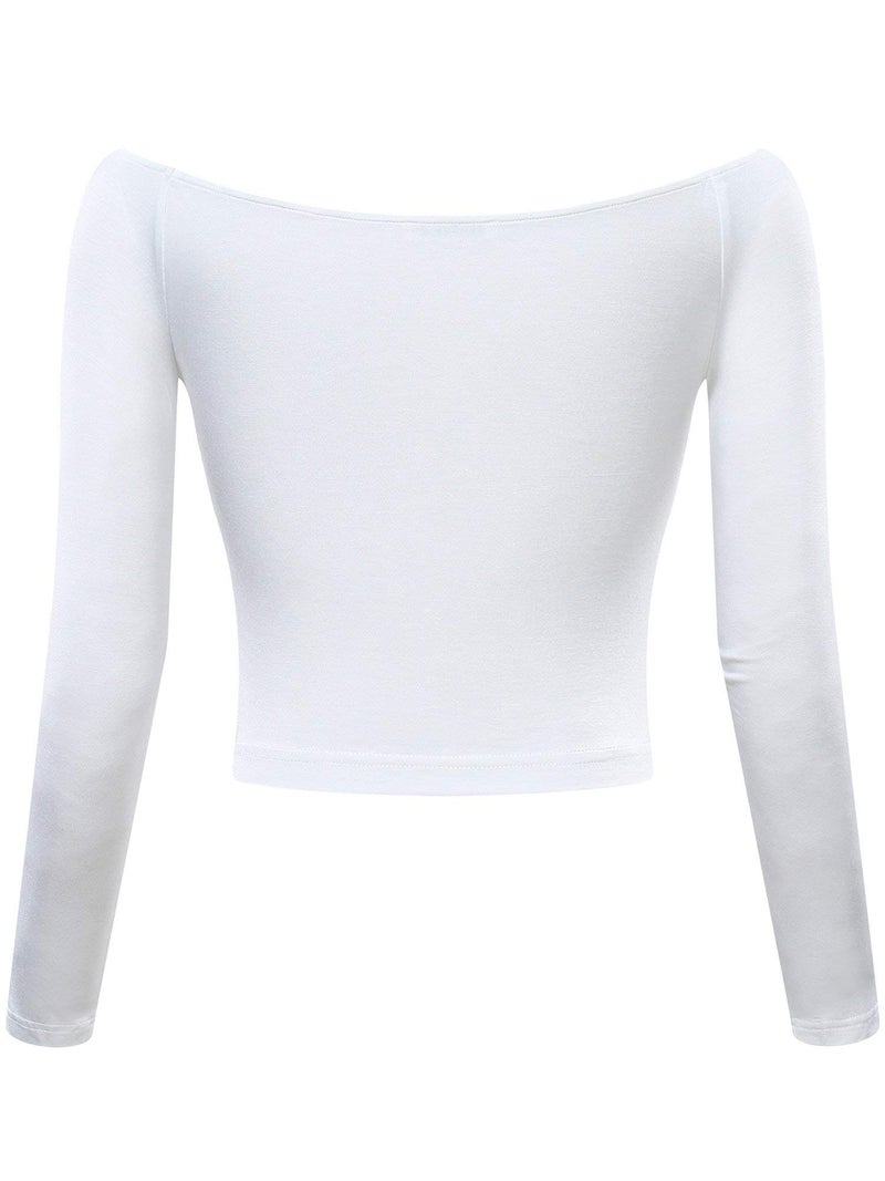 HUHOT Womens Off The Shoulder Tops for Women Basic Long Sleeve Off-Shoulder Crop Blouse Bodysuit White … - Image 5