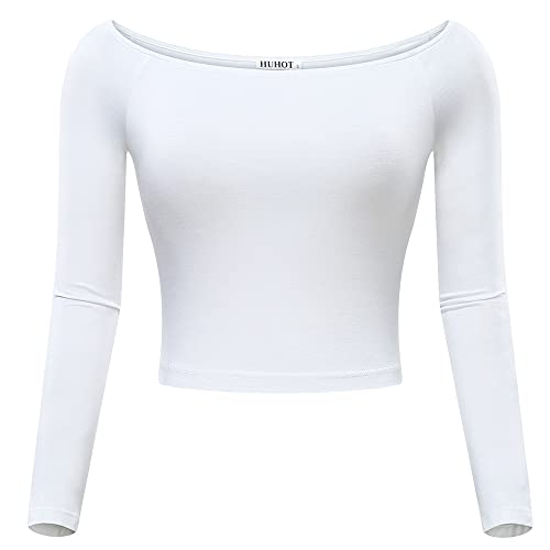 HUHOT Womens Off The Shoulder Tops for Women Basic Long Sleeve Off-Shoulder Crop Blouse Bodysuit White … - Image 4