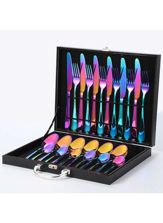 Stainless Steel 1010 Cutlery Set 24 Pieces Titanium Coated Western Dining Utensils Gift Box Set Export Gifts-Color:Magic 24-piece Set-Black Box  - Image 1