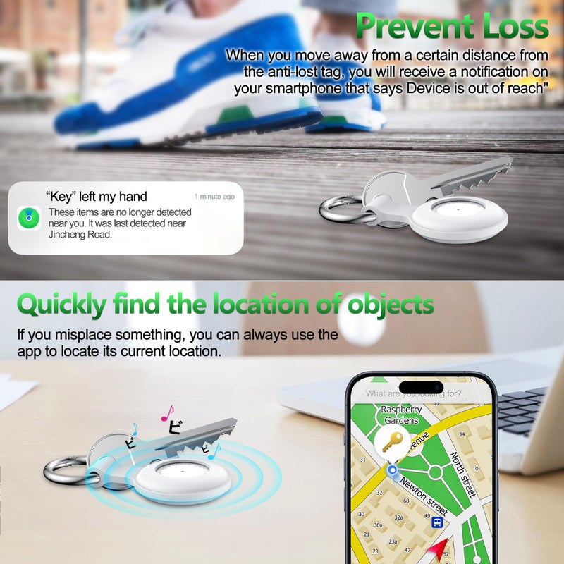 xiwxi عبوة واحدة، جهاز تحديد موقع المفاتيح المقاوم للماء IPX8، متتبع عناصر Bluetooth GPS مع حامل علامة وسلاسل مفاتيح، يعمل مع 'Apple Find My' (لنظام iOS فقط)، علبة متوافقة مع Airtag، تذكير موسيقي للأطفال، الحيوانات الأليفة، المفاتيح - أبيض - Image 5