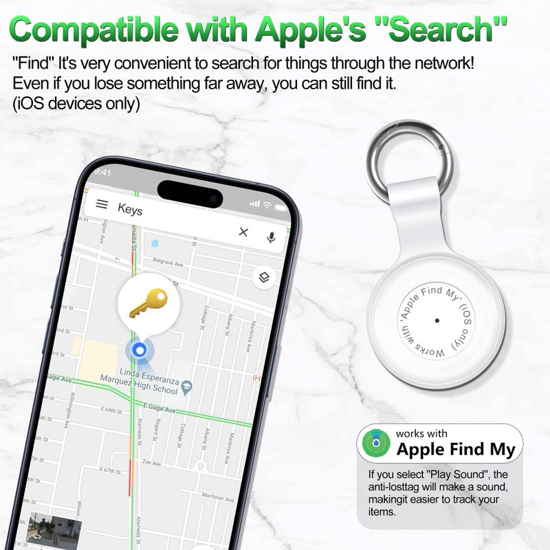 xiwxi عبوة واحدة، جهاز تحديد موقع المفاتيح المقاوم للماء IPX8، متتبع عناصر Bluetooth GPS مع حامل علامة وسلاسل مفاتيح، يعمل مع 'Apple Find My' (لنظام iOS فقط)، علبة متوافقة مع Airtag، تذكير موسيقي للأطفال، الحيوانات الأليفة، المفاتيح - أبيض - Image 3