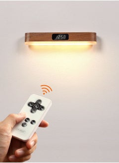 Wall Lamp，LED Wood Wall Lamp with Clock, Magnetic Night Light with Adjustable 3 Light Colors, Battery Operated USB Rechargeable LED Night Light with Romote Control Bedside Lamp for Bedrooms, Living Room