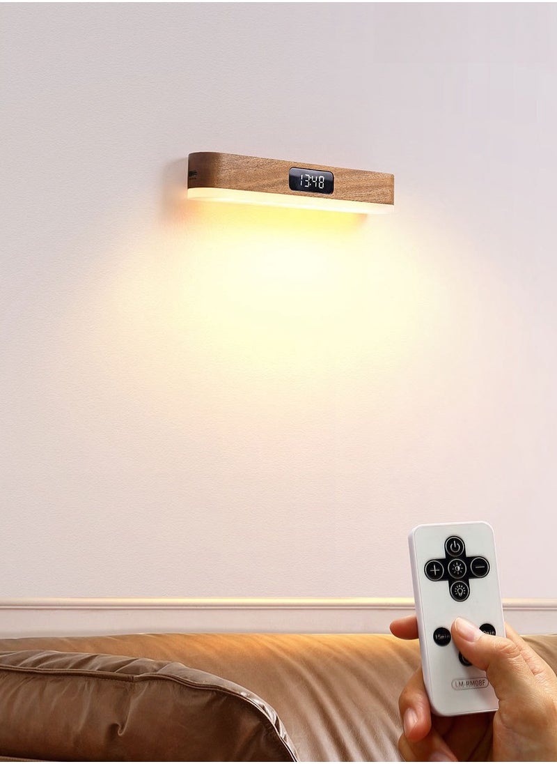 Generic - Wall Lamp，LED Wood Wall Lamp with Clock, Magnetic Night Light with Adjustable 3 Light Colors, Battery Operated USB Rechargeable LED Night Light with Romote Control Bedside Lamp for Bedrooms, Living Room - Image 1