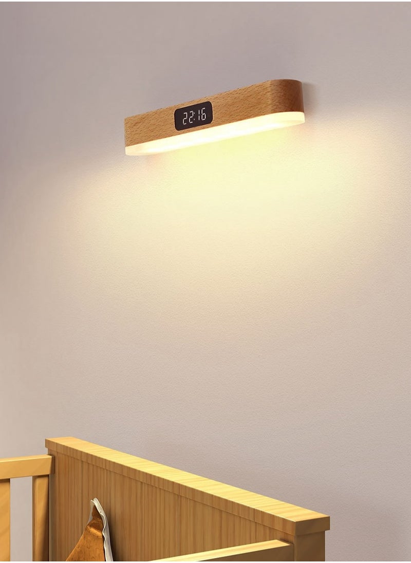Generic - Wall Lamp，LED Wood Wall Lamp with Clock, Magnetic Night Light with Adjustable 3 Light Colors, Battery Operated USB Rechargeable LED Night Light with Romote Control Bedside Lamp for Bedrooms, Living Room - Image 1