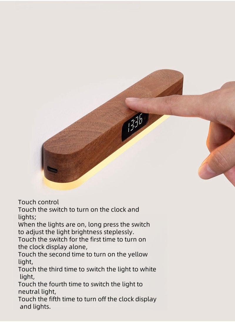Generic - Wall Lamp，LED Wood Wall Lamp with Clock, Magnetic Night Light with Adjustable 3 Light Colors, Battery Operated USB Rechargeable LED Night Light with Romote Control Bedside Lamp for Bedrooms, Living Room - Image 1