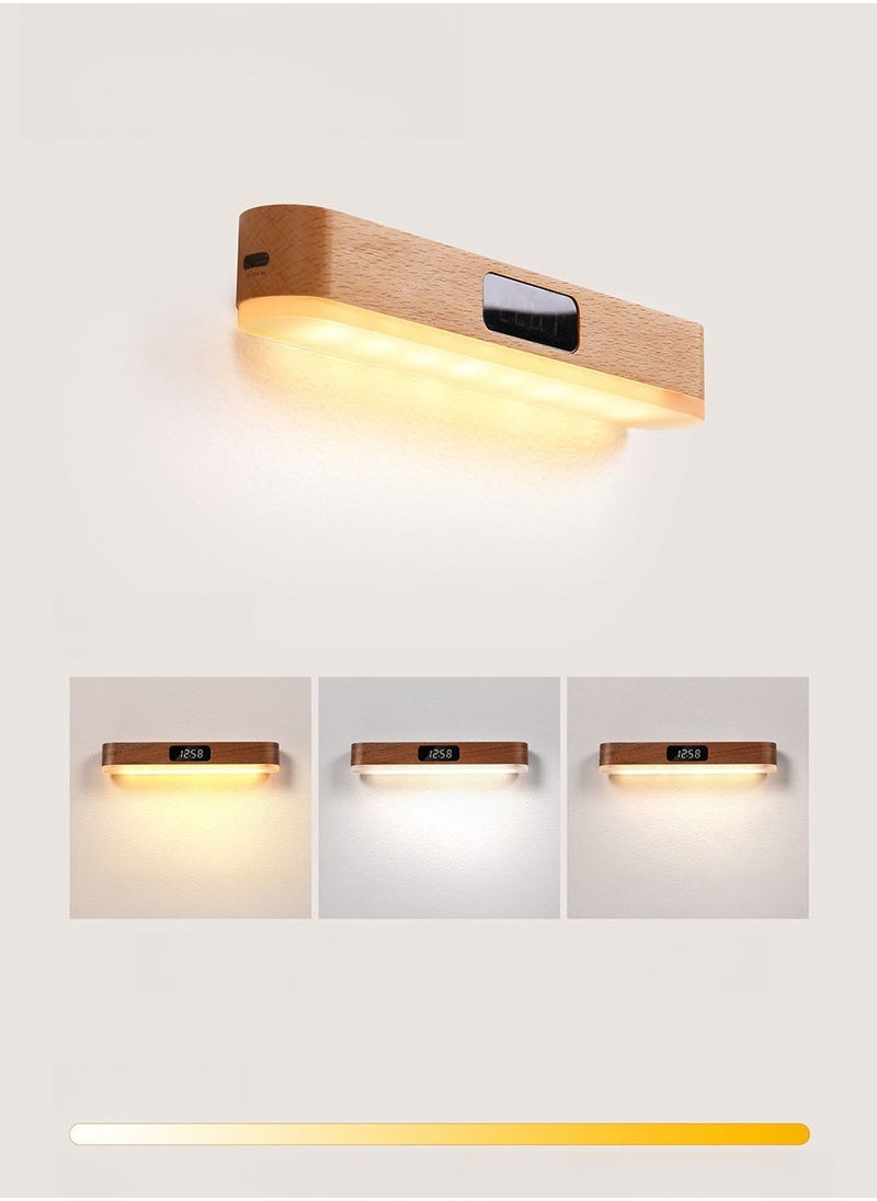 Generic - Wall Lamp，LED Wood Wall Lamp with Clock, Magnetic Night Light with Adjustable 3 Light Colors, Battery Operated USB Rechargeable LED Night Light with Romote Control Bedside Lamp for Bedrooms, Living Room - Image 1
