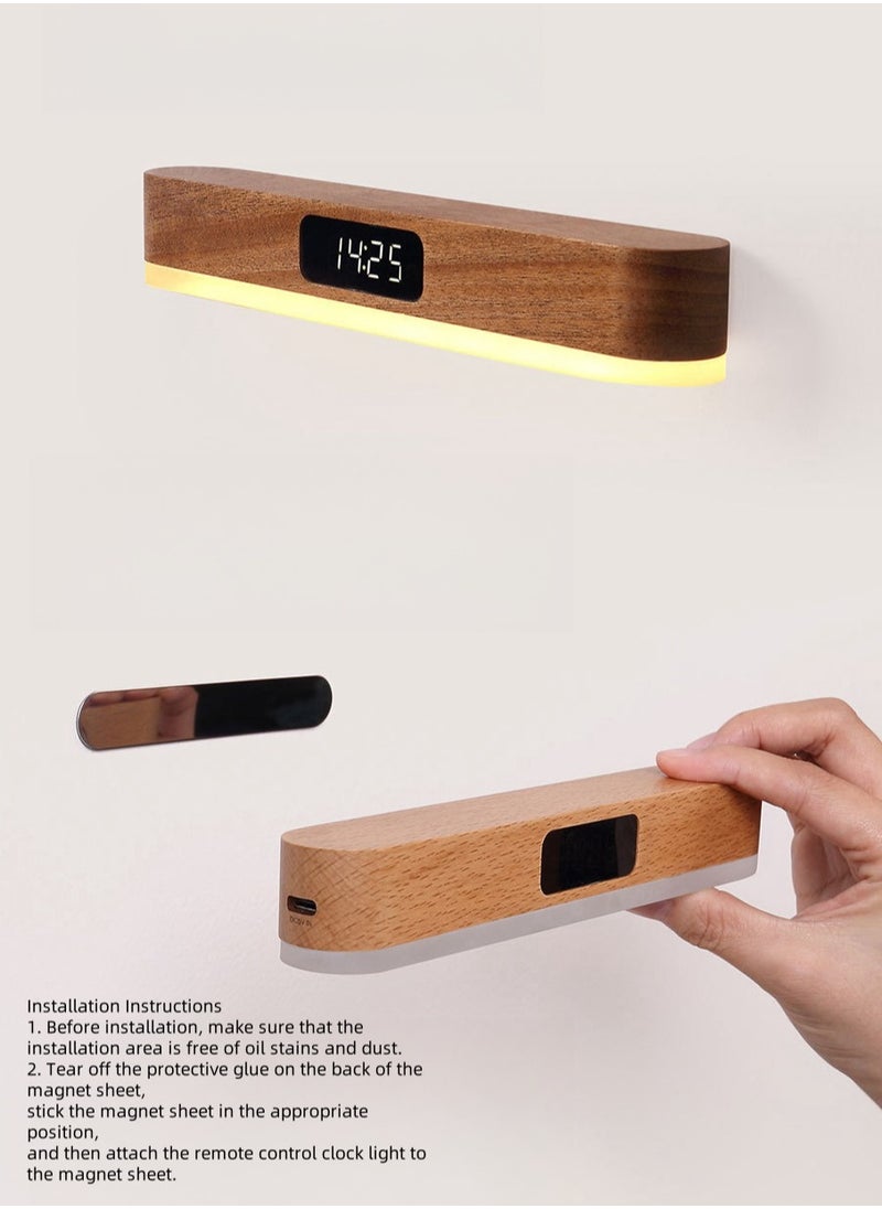 Generic - Wall Lamp，LED Wood Wall Lamp with Clock, Magnetic Night Light with Adjustable 3 Light Colors, Battery Operated USB Rechargeable LED Night Light with Romote Control Bedside Lamp for Bedrooms, Living Room - Image 1