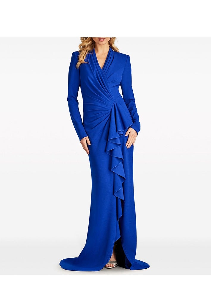NIBEMINENT Fashionable Long Dress For Ladies, V-neck Pleated Ruffled Small Tuxedo Evening Dress - Image 1