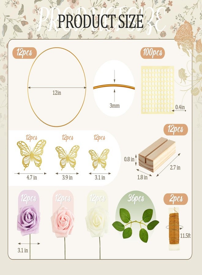 Vercraft 12 Set butterfly Metal Floral Hoop Table Centerpieces Include Metal Ring with Base 3D Butterfly Decoration, PE Foam Flower, Adhesive Dots, Gold Wires for DIY Wedding Baptism Party(Round) - Image 2