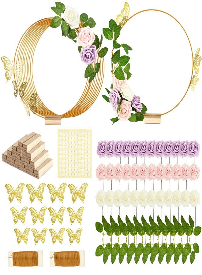 Vercraft 12 Set butterfly Metal Floral Hoop Table Centerpieces Include Metal Ring with Base 3D Butterfly Decoration, PE Foam Flower, Adhesive Dots, Gold Wires for DIY Wedding Baptism Party(Round) - Image 1