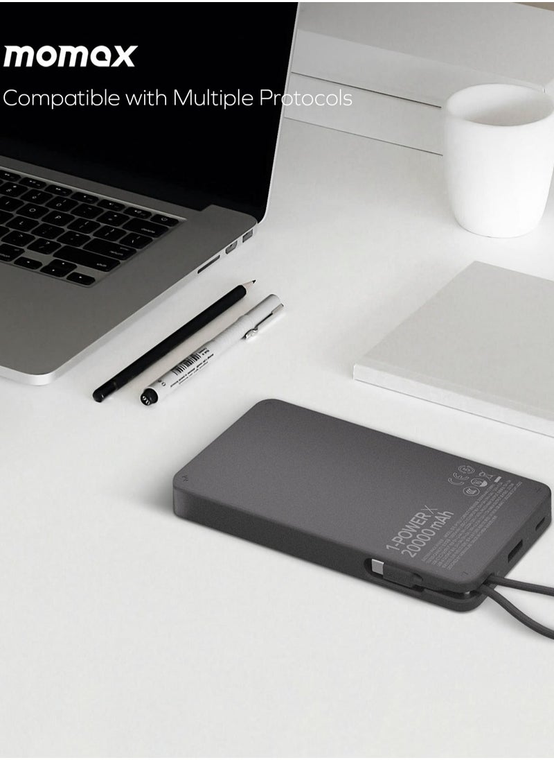 Momax - 1-Power X Battery Pack 20000 mAh Power Bank with Built-in USB-C PD Cable - White - Image 1