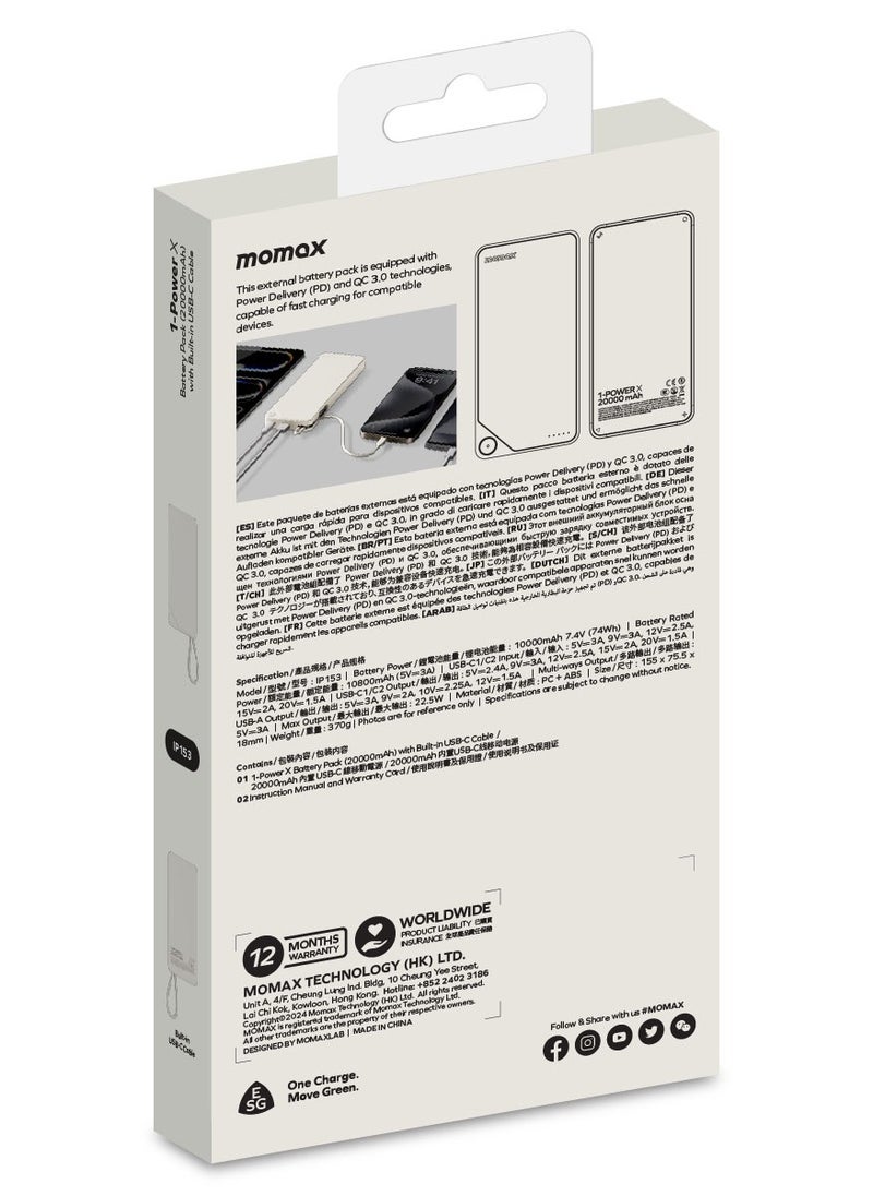 Momax - 1-Power X Battery Pack 20000 mAh Power Bank with Built-in USB-C PD Cable - White - Image 1