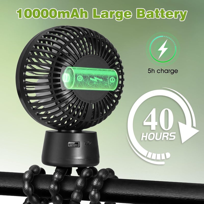 POPERFUN Stoller Fan 10000 mAh, Stoller Fan with LED Light, Rotating USB Fan, 3 Speeds, Suitable for Pushchairs, Cribs, Car Seats, Travel - Image 2