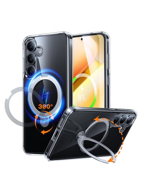 360° Spin for Samsung Galaxy S25 Case with Stand, Fit for MagSafe, 3X Mil-Grade Protective, Rotatable Kickstand for Samsung S25 Case, Magnetic Ring Holder Slim Hard Cover, Crystal Clear