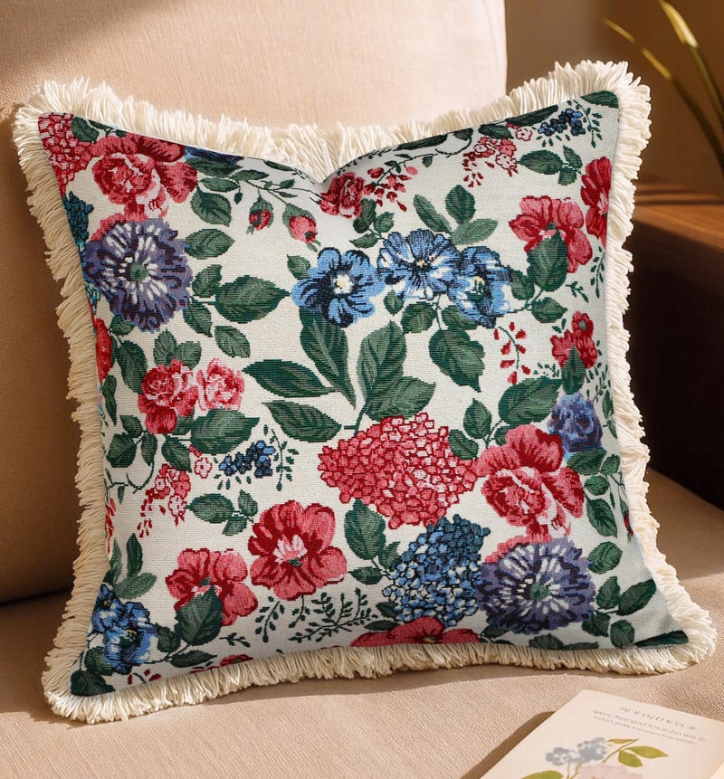 Kokaaee Decorative Throw Pillow Cover 18x18 - Vintage Pillowcovers with Fringe Red Bule Flower Embroidered Pillow Case with Zipper for Living Room Couch Sofa Bed Rustic Boho Design Abstract - Image 1