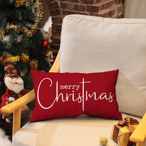 Allorry Christmas Pillow Covers Merry Christmas Throw Pillow Decorative Christmas Red Cotton Cloth Linen Cloth Pillow Cover Sofa Cover Decorative Rectangle Length 12X20 inches - Image 3