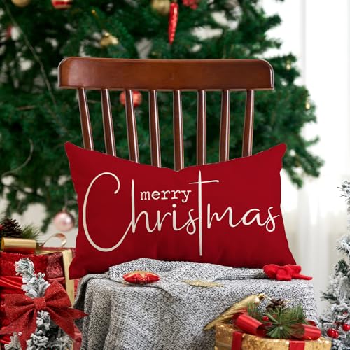 Allorry Christmas Pillow Covers Merry Christmas Throw Pillow Decorative Christmas Red Cotton Cloth Linen Cloth Pillow Cover Sofa Cover Decorative Rectangle Length 12X20 inches - Image 4