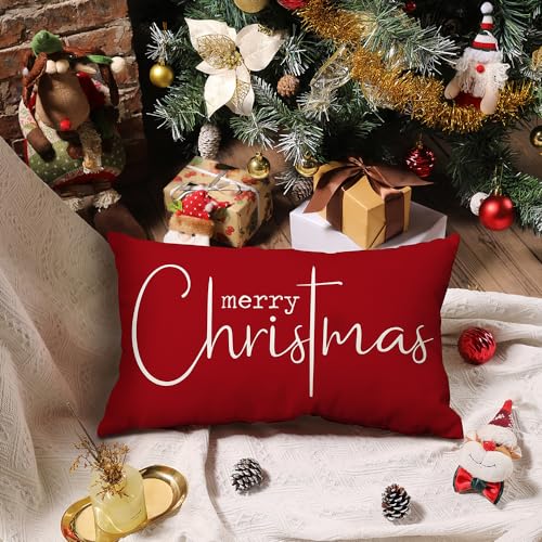 Allorry Christmas Pillow Covers Merry Christmas Throw Pillow Decorative Christmas Red Cotton Cloth Linen Cloth Pillow Cover Sofa Cover Decorative Rectangle Length 12X20 inches - Image 2