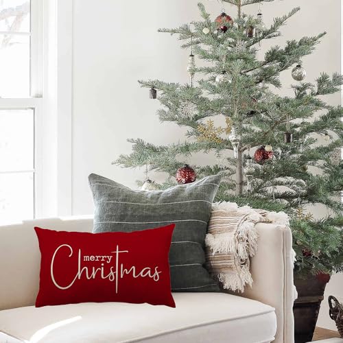Allorry Christmas Pillow Covers Merry Christmas Throw Pillow Decorative Christmas Red Cotton Cloth Linen Cloth Pillow Cover Sofa Cover Decorative Rectangle Length 12X20 inches - Image 5