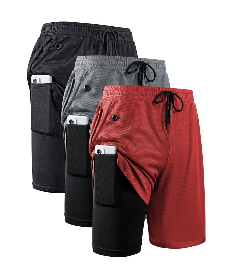 JWJ 3 Pack Mens 2 in 1 Running Shorts Quick Dry Gym Athletic Workout Shorts with Compression Liner,Black Dark Grey Red L - Image 1