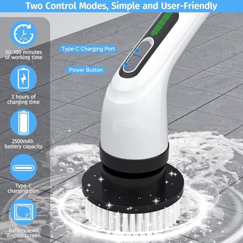 BIGGKIDDO Powerful Electric Spin Scrubber,Cleaning Brush Services Scrubber for Home, 400RPM/Mins-9 Replaceable Brush Heads-90Mins High Work Time,Size & 2 Speeds Adjustable Multipurpose for Home A2 - Image 4