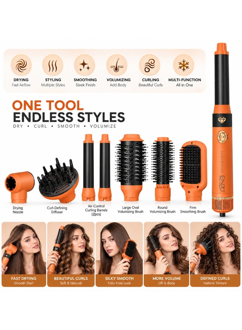 إنزو مصفف ومجفف شعر ENZO Professional EN4133PRO متعدد الاستخدامات مع أسطوانات تجعيد وفرش تكثيف وفرشاة تنعيم وديفيوزر وفوهة تجفيف، برتقالي - Image 2