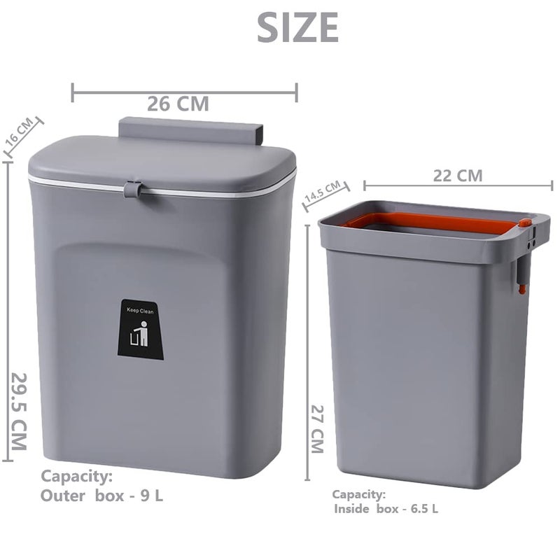 NEEMAY Kitchen Hanging Trash Can 9L with Built-In Trash Bin and Lid - Gray - Image 5